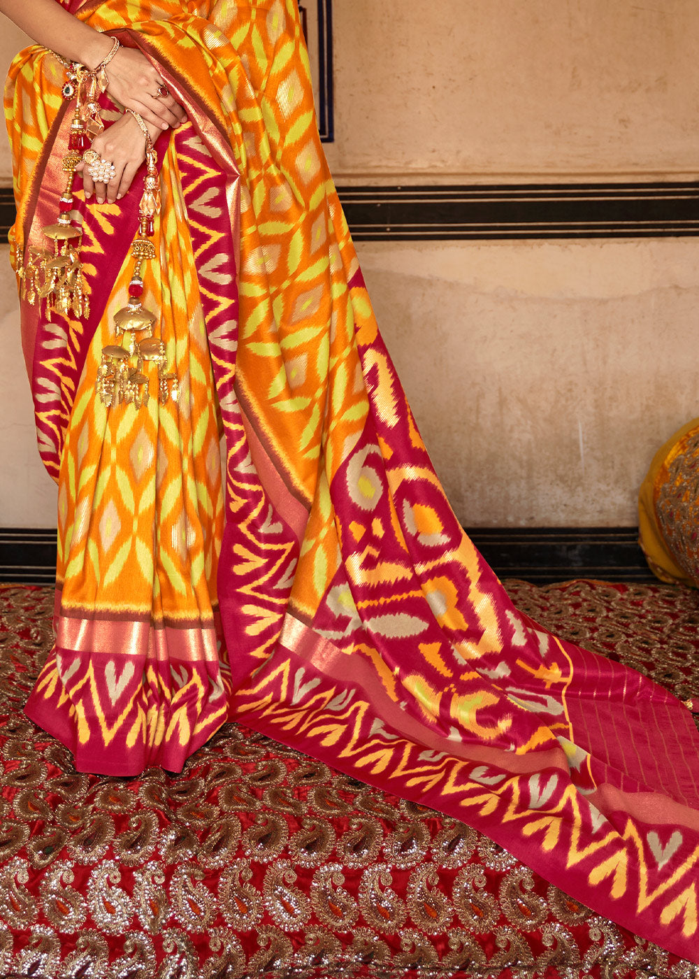 Yellow & Red Printed Patola Dola Silk Saree with Zari Border