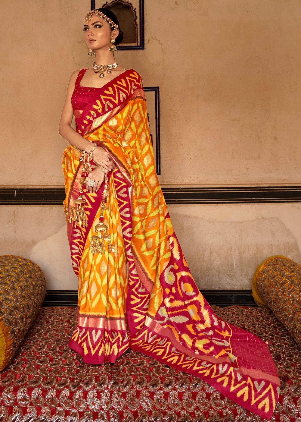 Yellow & Red Printed Patola Dola Silk Saree with Zari Border