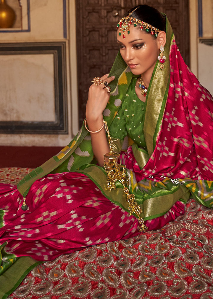 Green & Red Printed Patola Dola Silk Saree with Zari Border