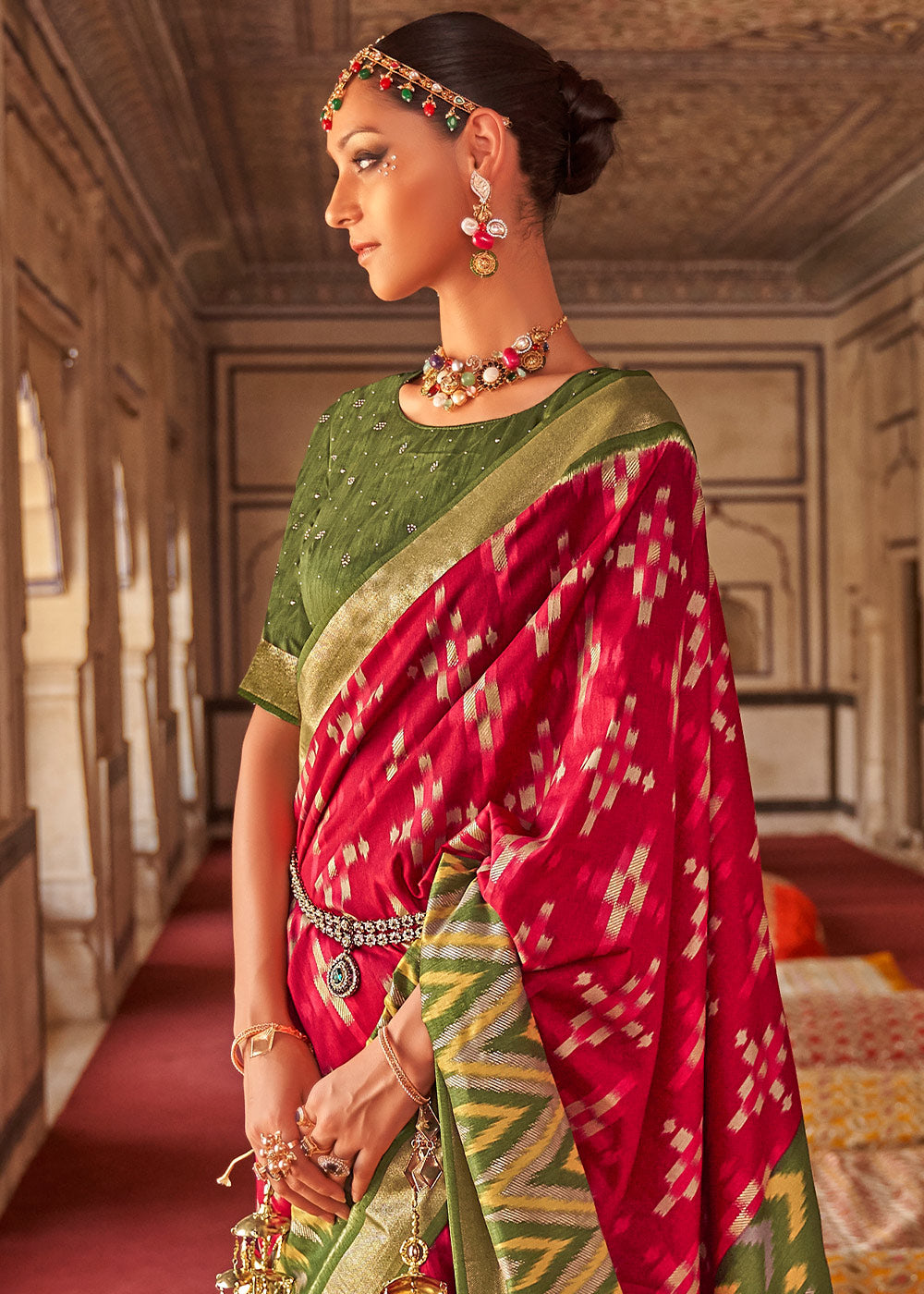 Green & Red Printed Patola Dola Silk Saree with Zari Border