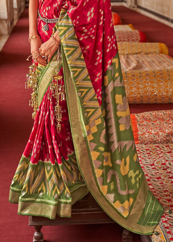 Green & Red Printed Patola Dola Silk Saree with Zari Border