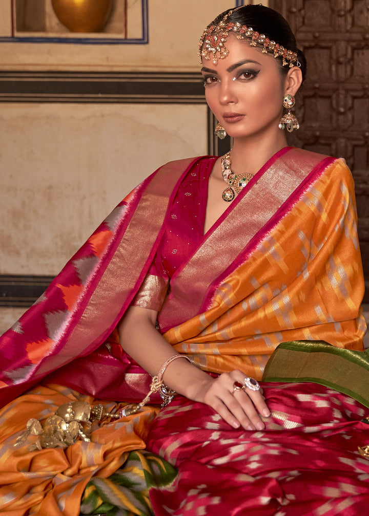 Orange & Pink Printed Patola Dola Silk Saree with Zari Border