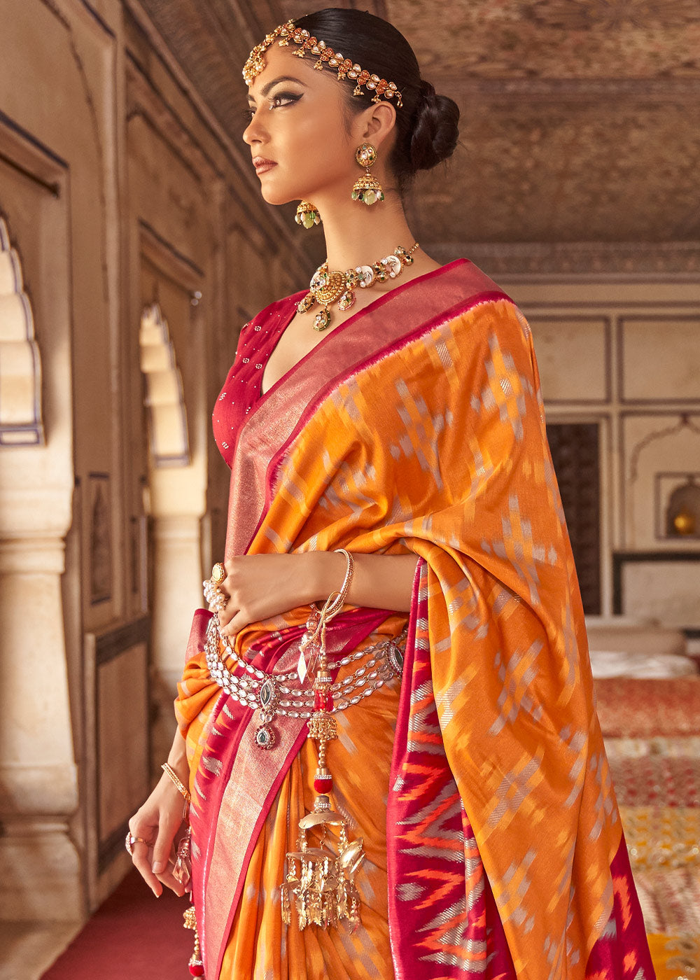 Orange & Pink Printed Patola Dola Silk Saree with Zari Border