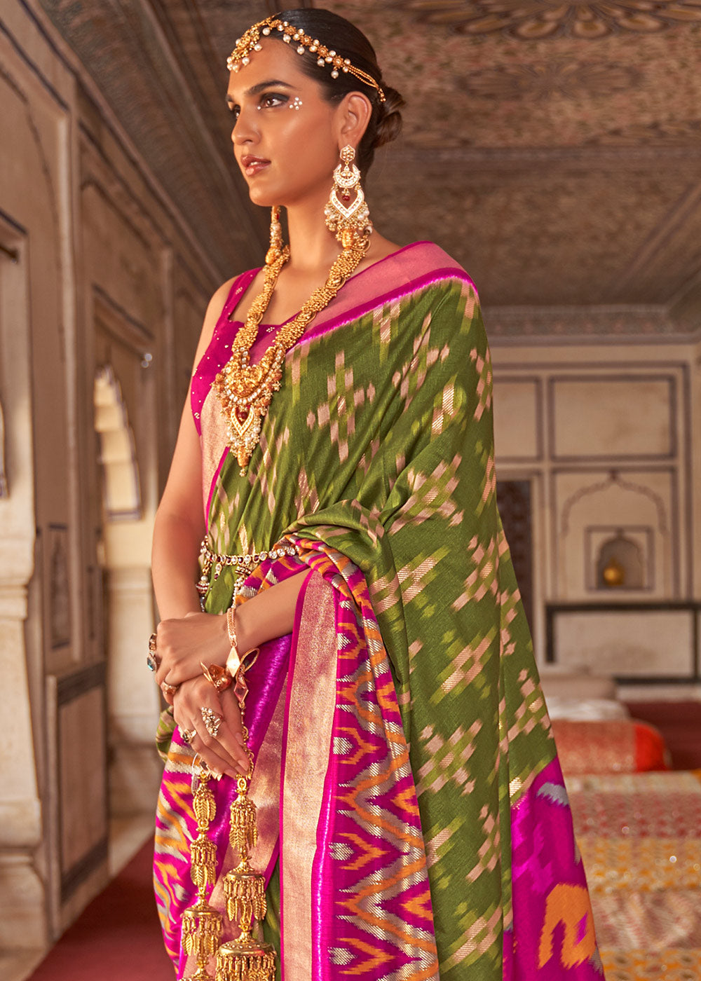 Green & Pink Printed Patola Dola Silk Saree with Zari Border