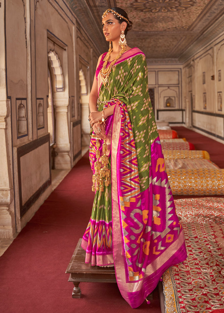 Green & Pink Printed Patola Dola Silk Saree with Zari Border