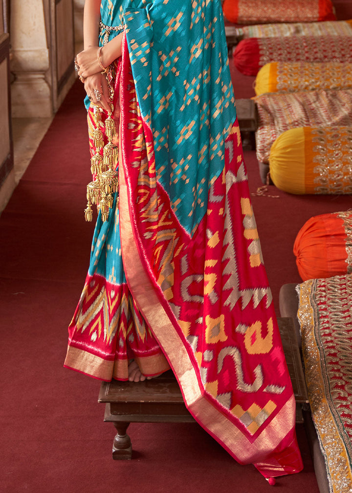 Blue & Red Printed Patola Dola Silk Saree with Zari Border