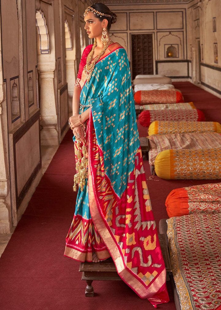 Blue & Red Printed Patola Dola Silk Saree with Zari Border