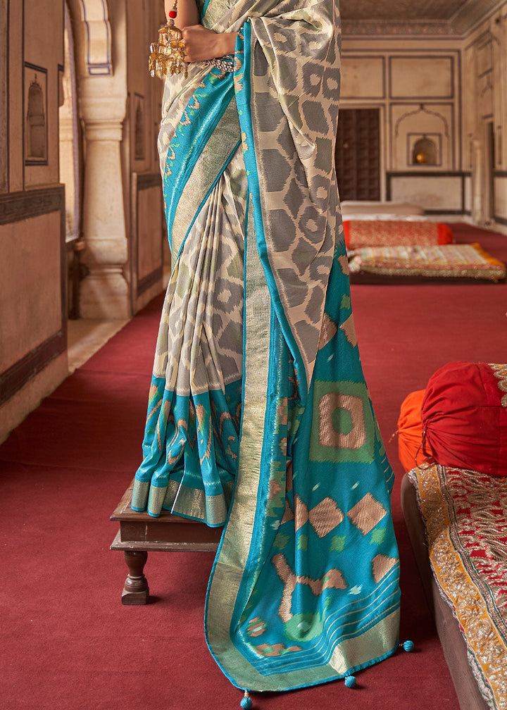 Off White & Blue Printed Patola Dola Silk Saree with Zari Border