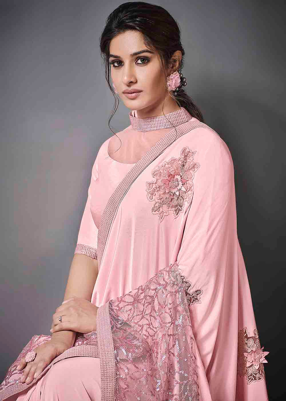 Flamingo Pink Designer Lycra Saree with Sequins Embroidery & Applique work