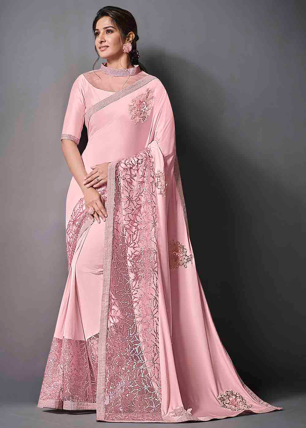 Flamingo Pink Designer Lycra Saree with Sequins Embroidery & Applique work