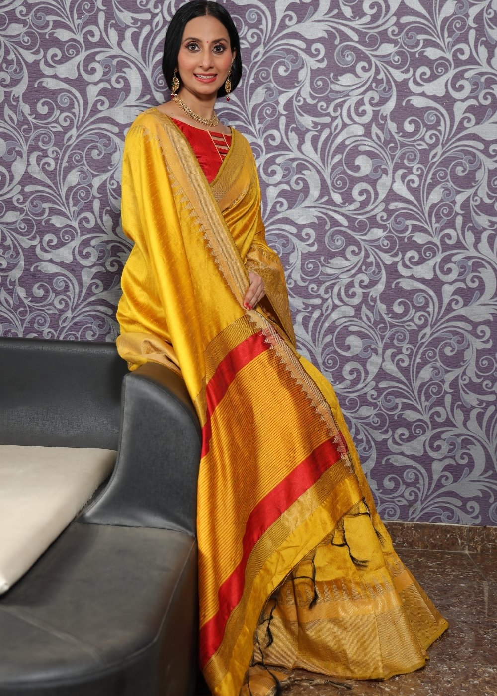 Corn Yellow Art Silk Saree with Temple Border