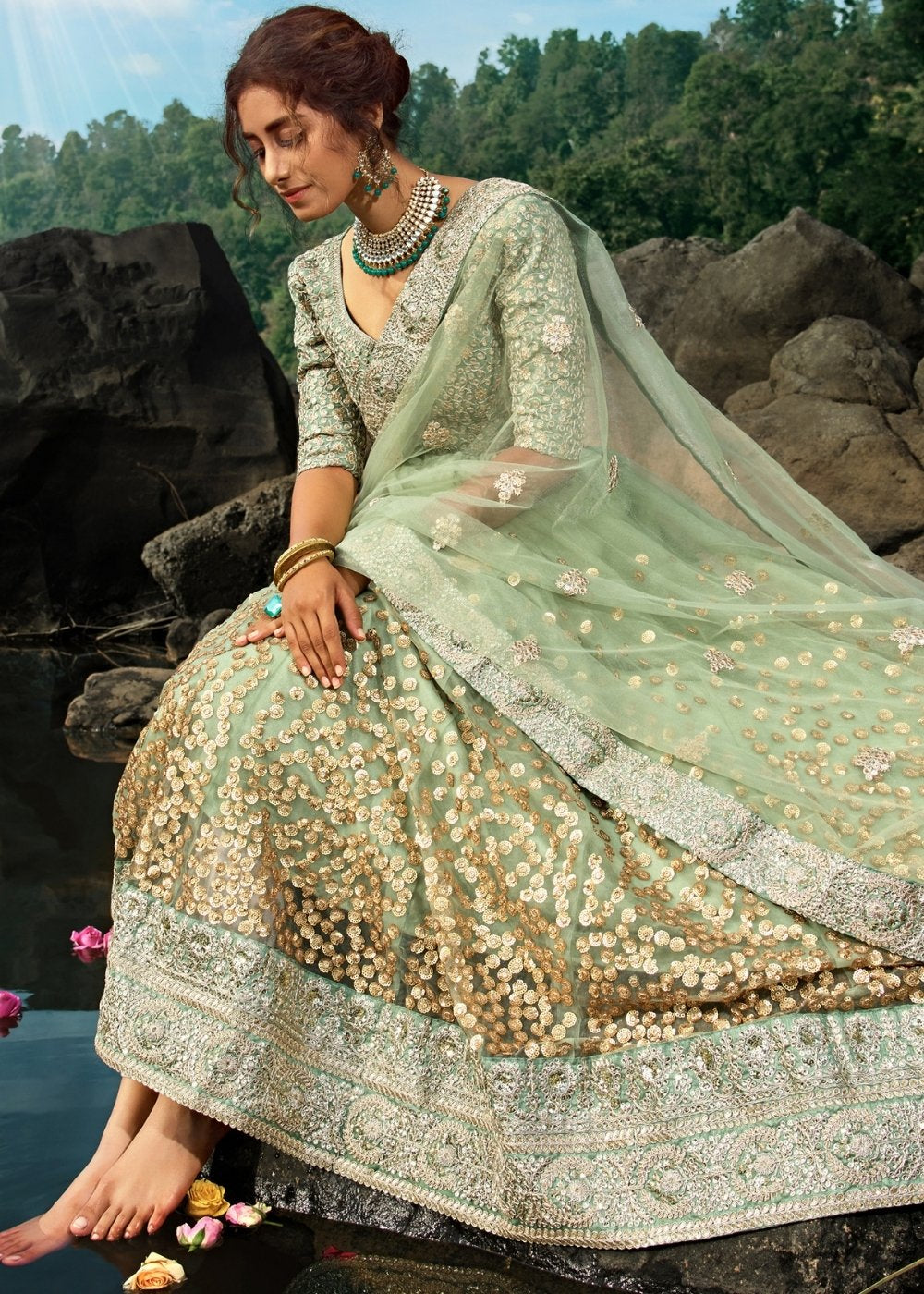 Emerald Green Designer Soft Net Lehenga Choli with Sequins & Dori work