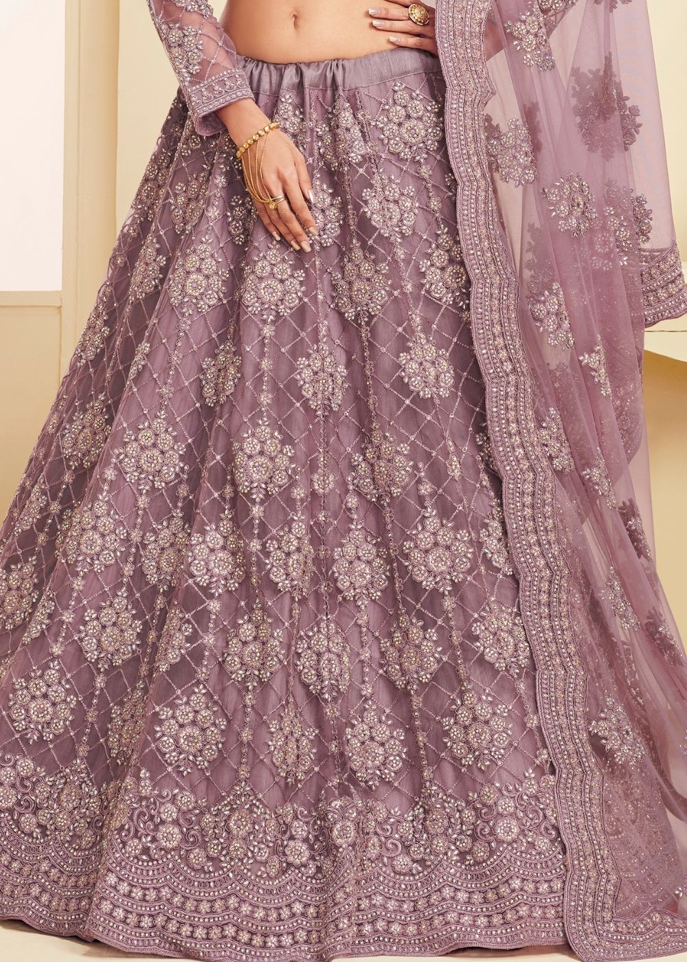 Plum Violet Soft Net Lehenga Choli with Cording Embroidery & Stone work