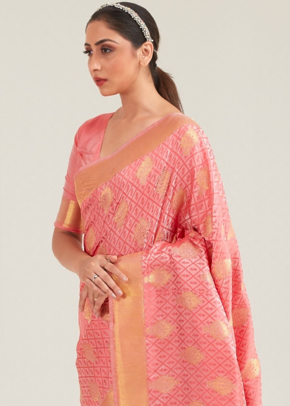 Salmon Pink Zari Butta Woven Banasari Silk Saree