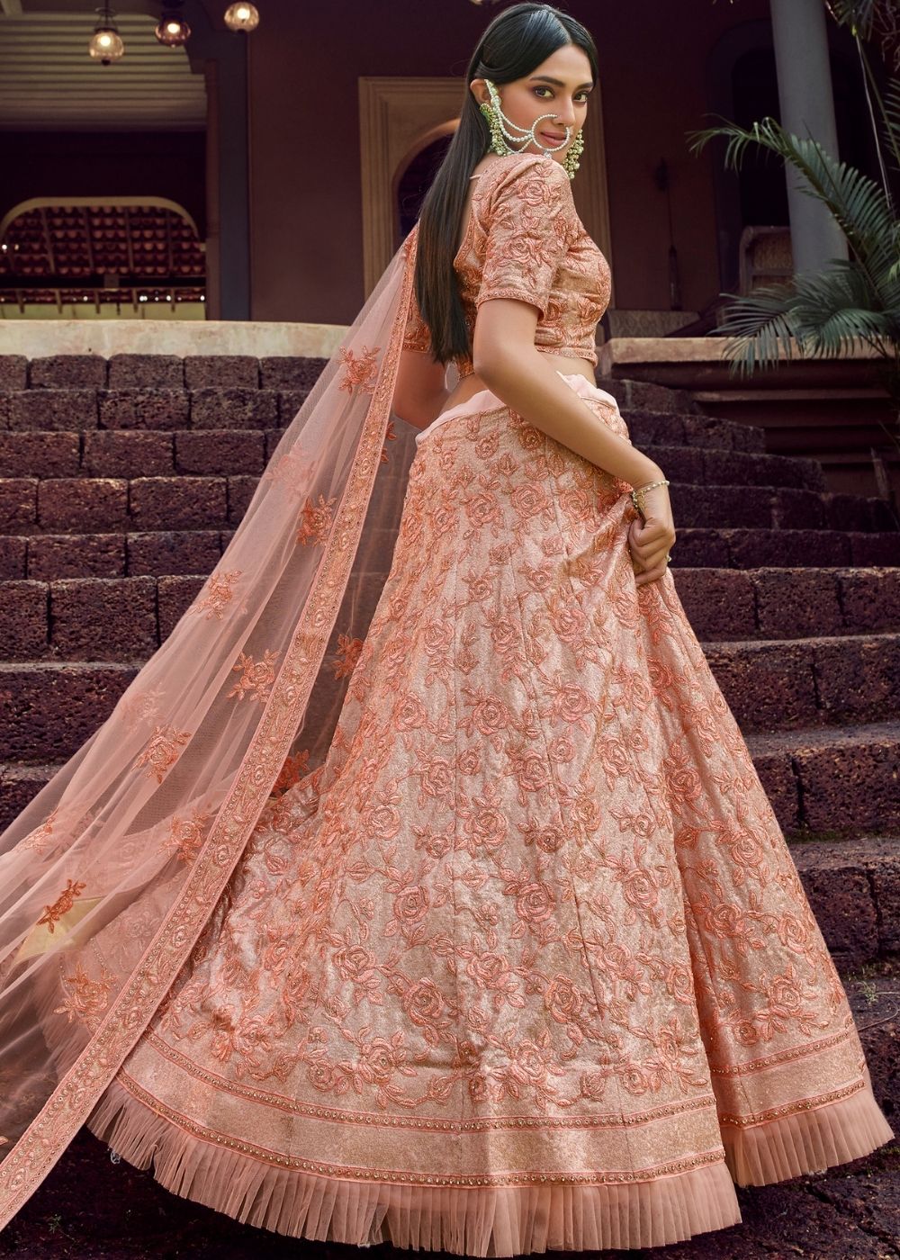 Peach Pink Georgette Lehenga Choli with Sequins & Resham work