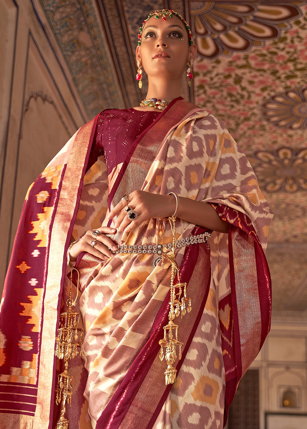 White & Purple Printed Patola Dola Silk Saree with Zari Border