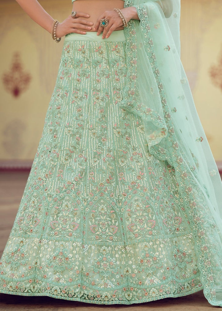 Mint Green Soft Net Lehenga Choli with Sequins, Thread, Zari & Dori work