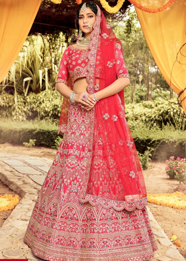 Carmine Pink Raw Silk Lehenga Choli with Resham, Zarkan & Dori work