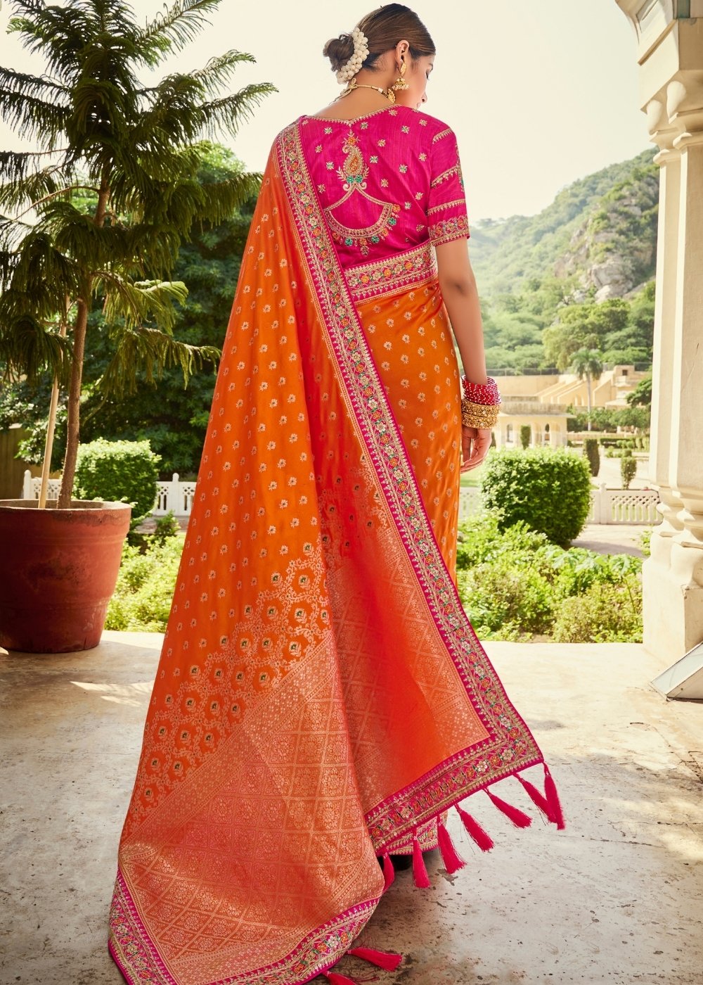 Rust Orange Woven Banarasi Silk Saree with Embroidered Blouse