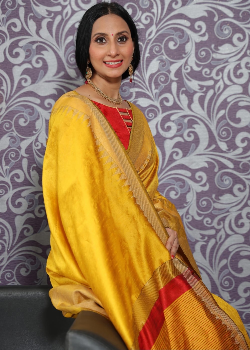 Corn Yellow Art Silk Saree with Temple Border