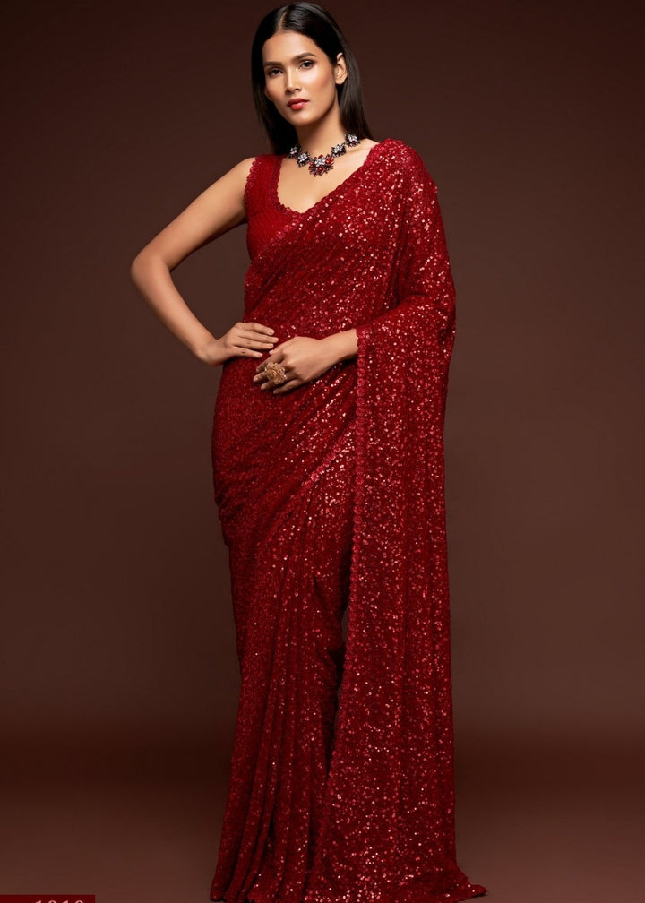 Scarlet Red Sequins & Thread Embroidered Designer Georgette Saree : Top Pick