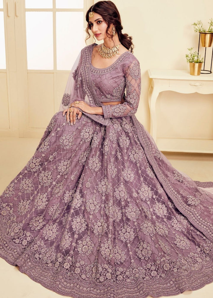 Plum Violet Soft Net Lehenga Choli with Cording Embroidery & Stone work