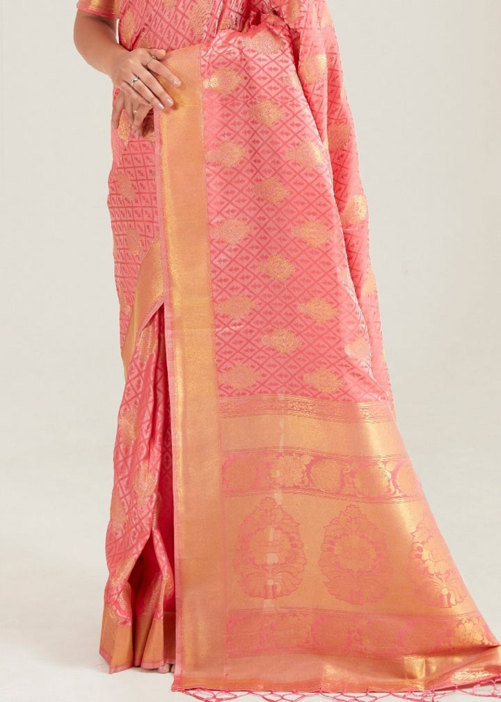 Salmon Pink Zari Butta Woven Banasari Silk Saree