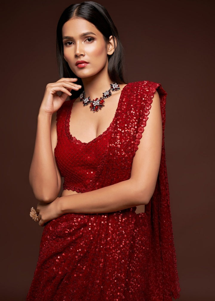 Scarlet Red Sequins & Thread Embroidered Designer Georgette Saree : Top Pick