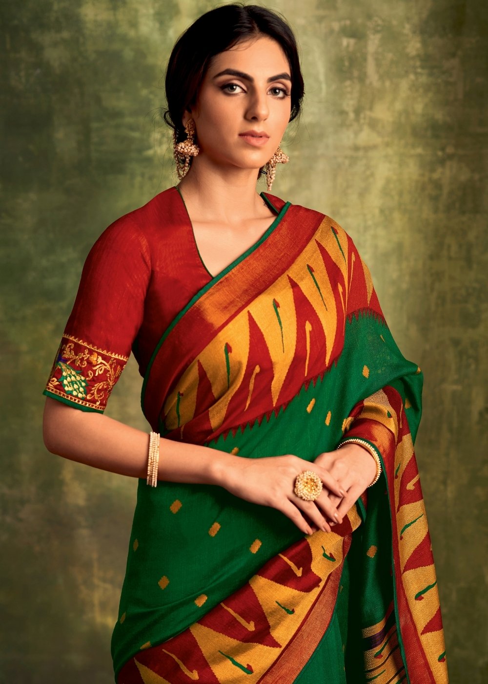 Bottle Green Designer Soft Brasso Silk Saree