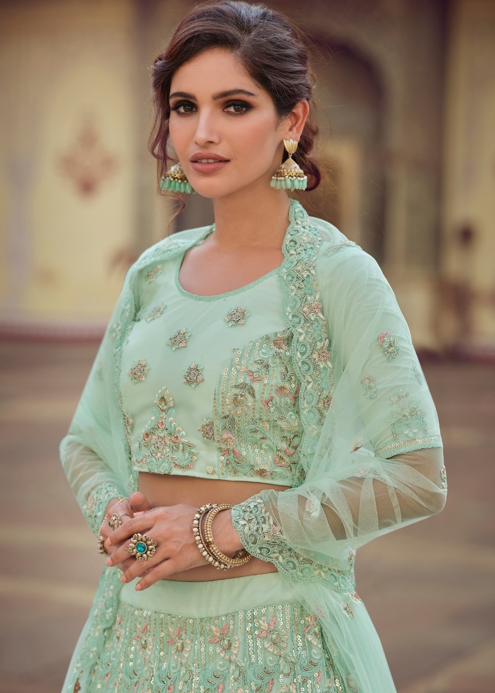 Mint Green Soft Net Lehenga Choli with Sequins, Thread, Zari & Dori work