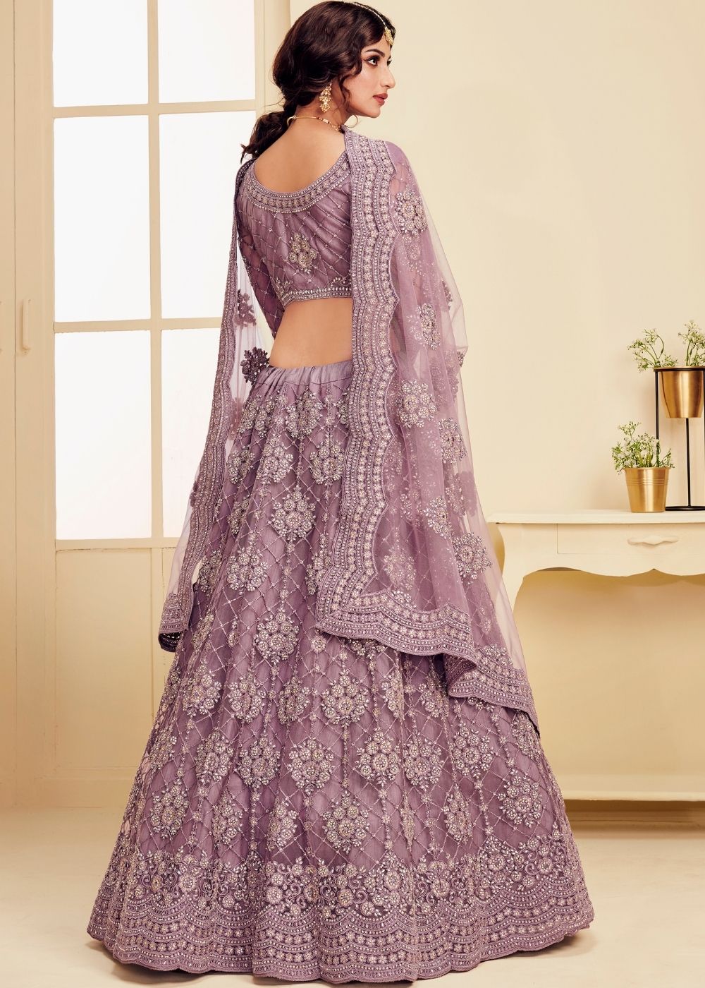 Plum Violet Soft Net Lehenga Choli with Cording Embroidery & Stone work