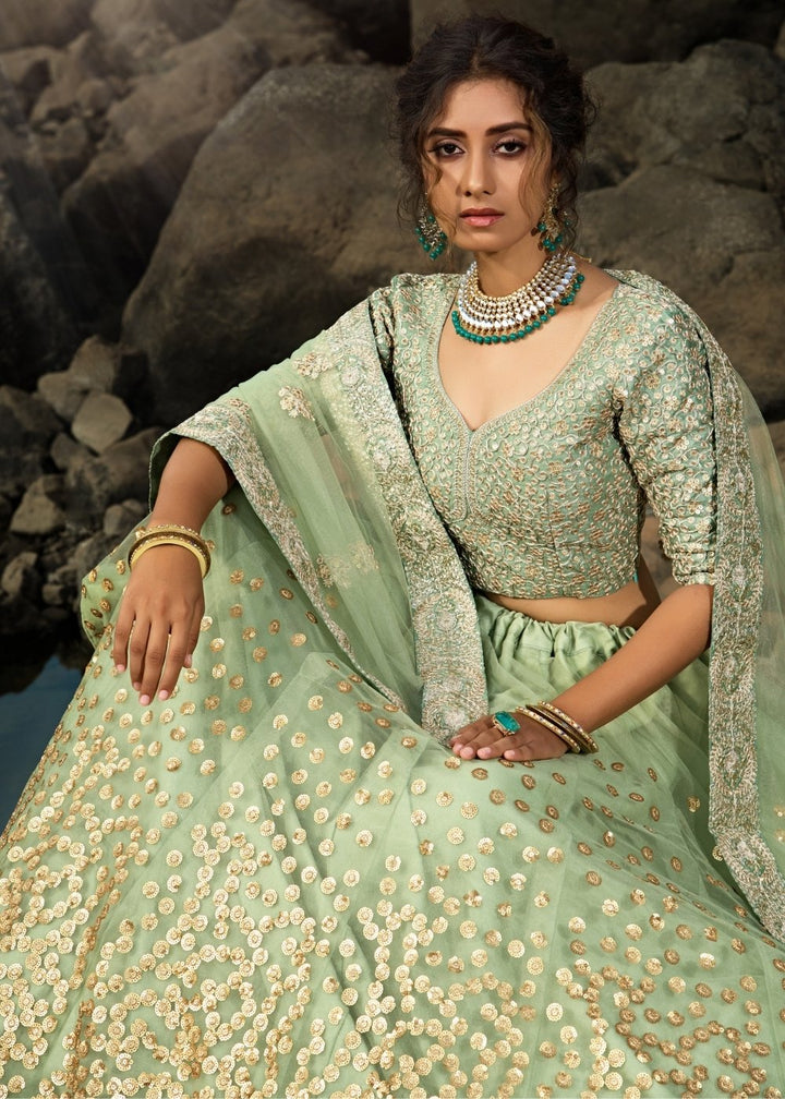 Emerald Green Designer Soft Net Lehenga Choli with Sequins & Dori work