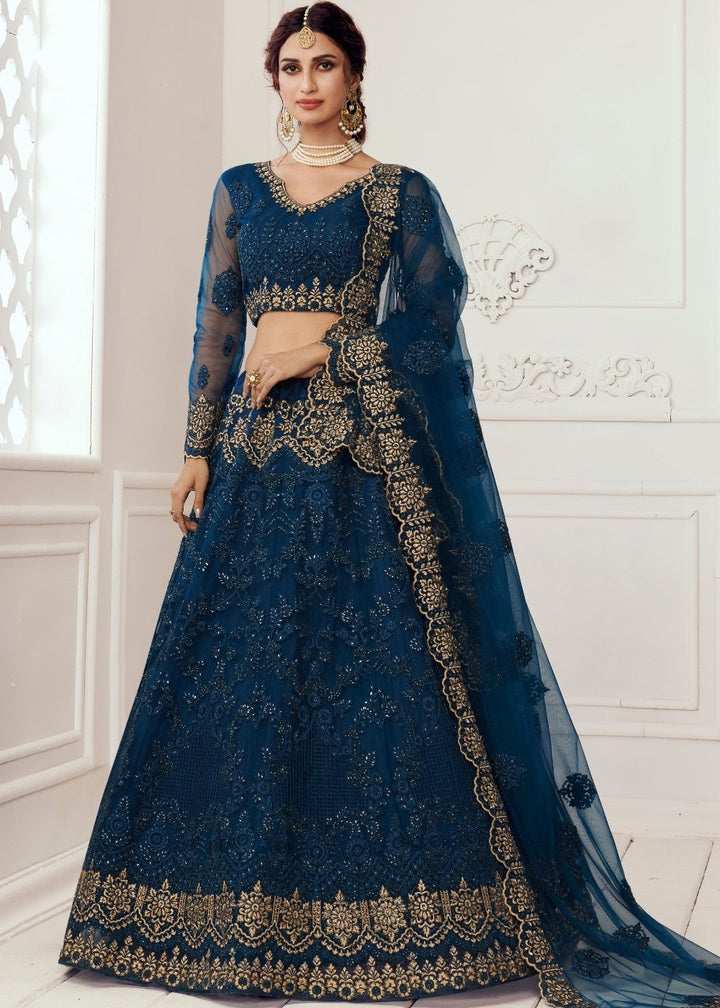 Prussian Blue Soft Net Lehenga Choli with Cording, Stonework, Thread & Zari Embroidery