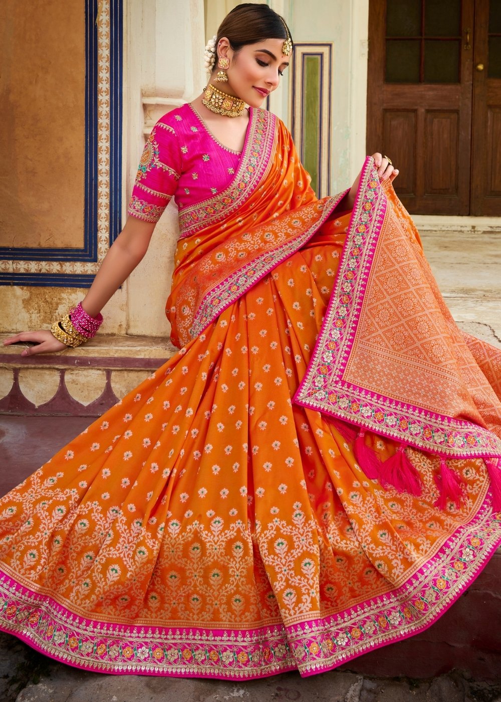 Rust Orange Woven Banarasi Silk Saree with Embroidered Blouse