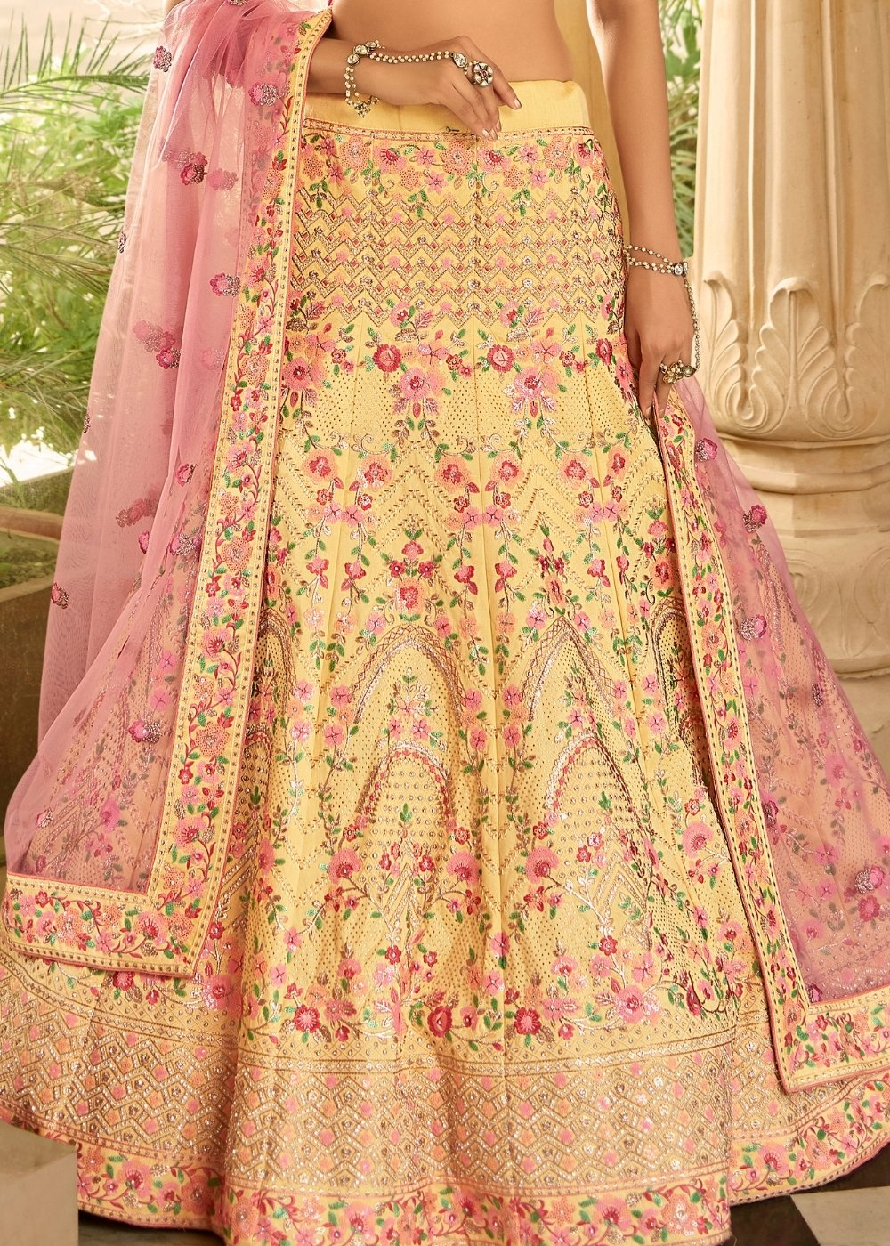 Aureolin Yellow Art Silk Lehenga Choli with Zari, Sequins, Swarvoski & Zarkan work