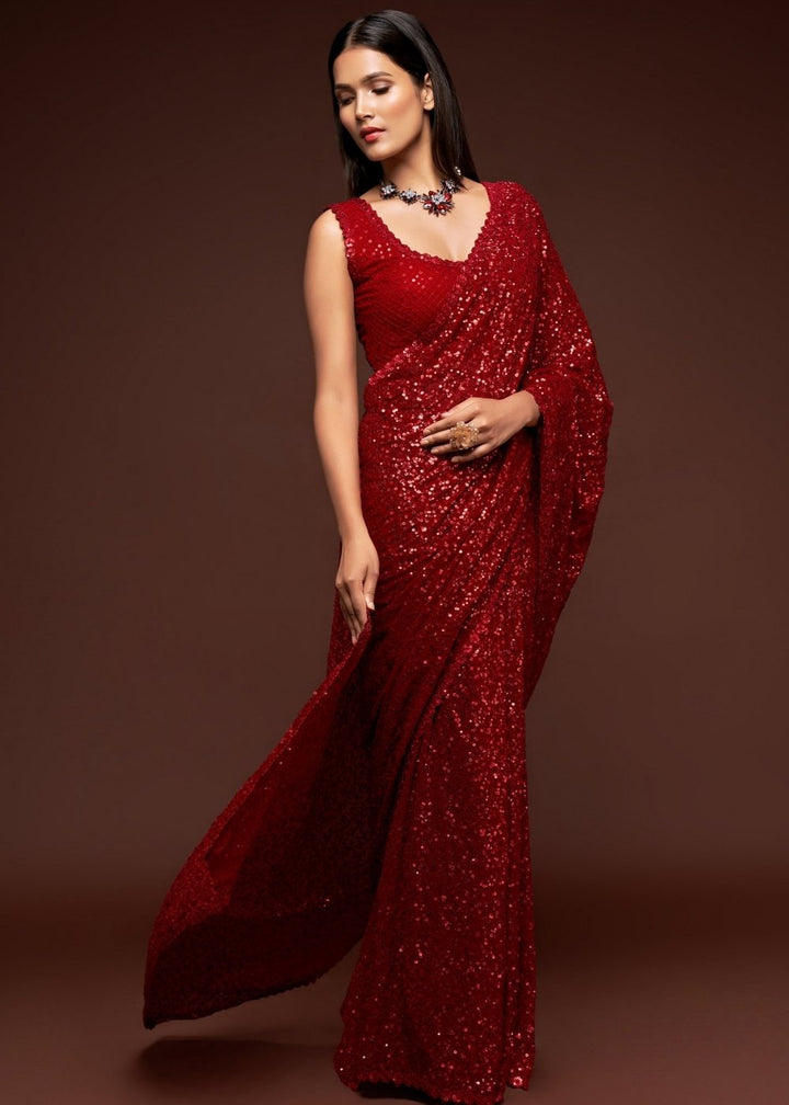 Scarlet Red Sequins & Thread Embroidered Designer Georgette Saree : Top Pick