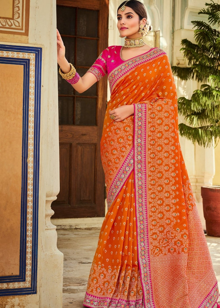 Rust Orange Woven Banarasi Silk Saree with Embroidered Blouse