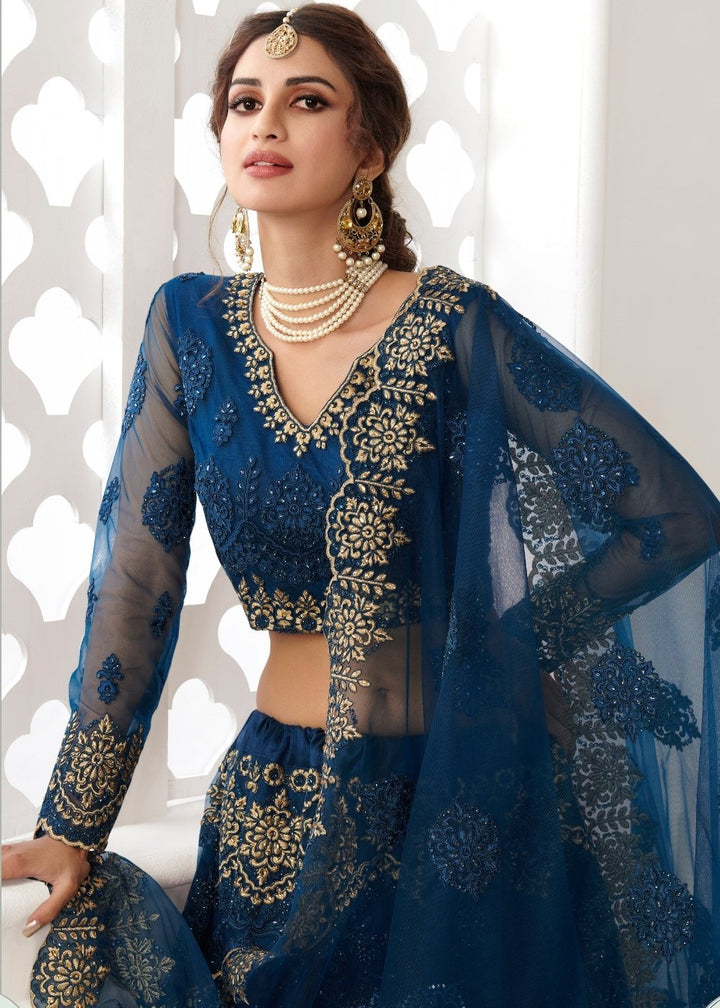 Prussian Blue Soft Net Lehenga Choli with Cording, Stonework, Thread & Zari Embroidery