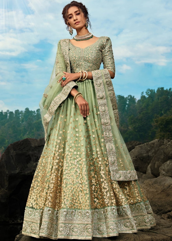 Emerald Green Designer Soft Net Lehenga Choli with Sequins & Dori work