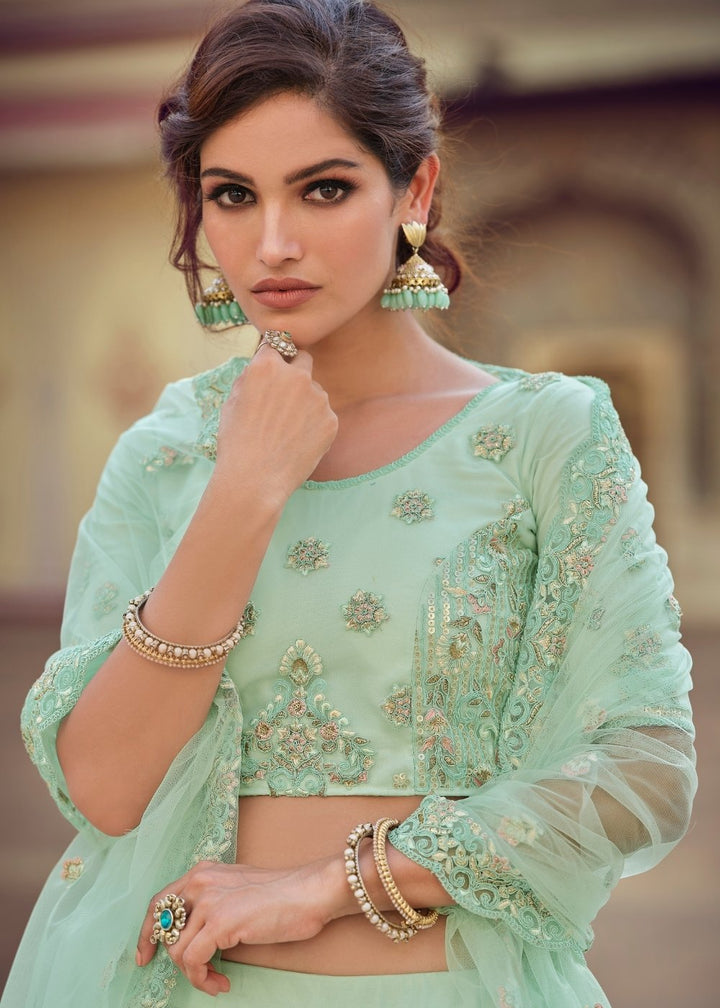 Mint Green Soft Net Lehenga Choli with Sequins, Thread, Zari & Dori work