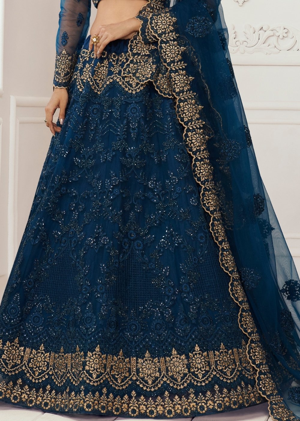 Prussian Blue Soft Net Lehenga Choli with Cording, Stonework, Thread & Zari Embroidery