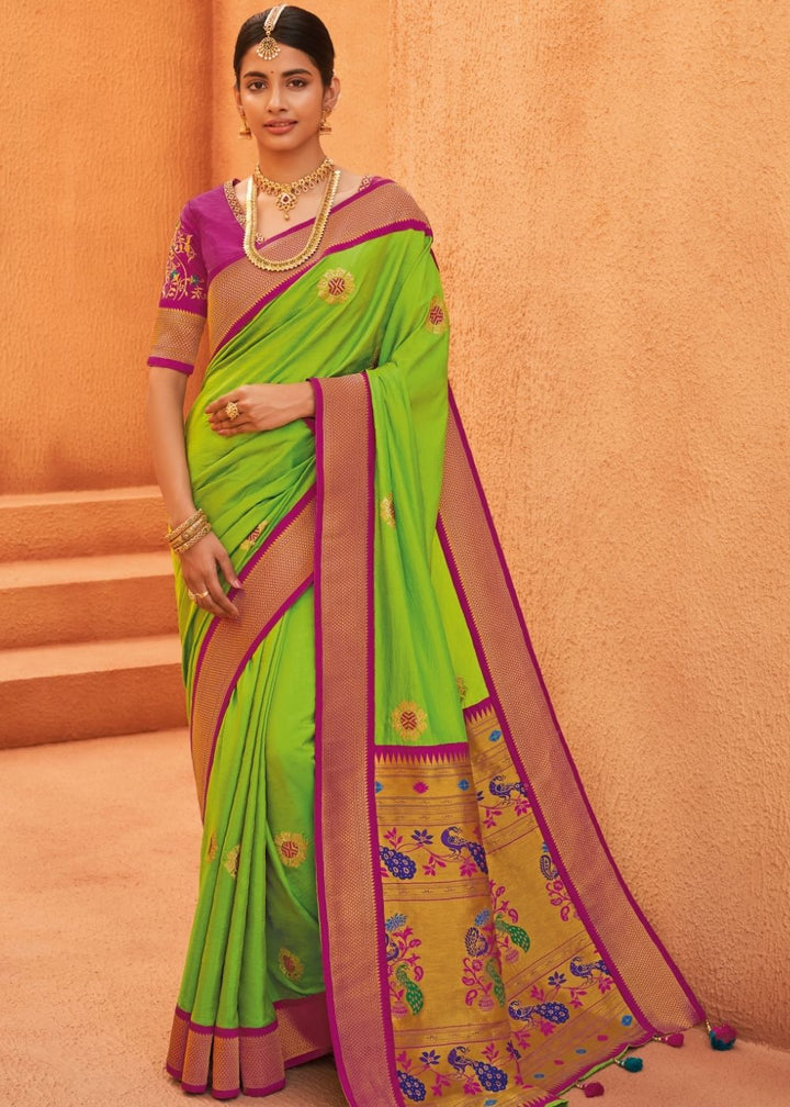 Kelly Green Woven Paithani Saree