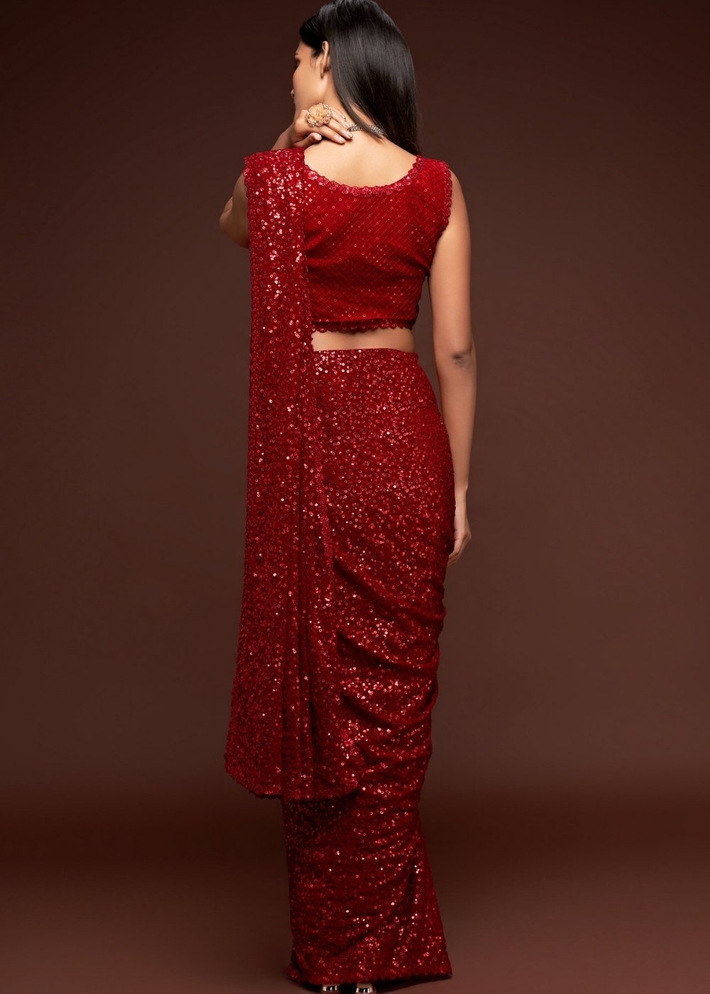 Scarlet Red Sequins & Thread Embroidered Designer Georgette Saree : Top Pick