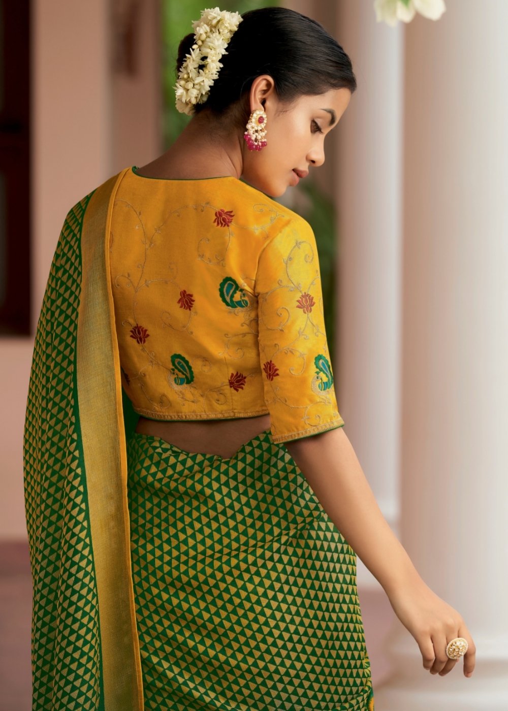 Yellow & Green Soft Silk Saree with Embroidered Blouse