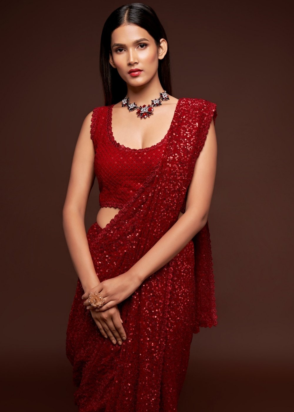 Scarlet Red Sequins & Thread Embroidered Designer Georgette Saree : Top Pick