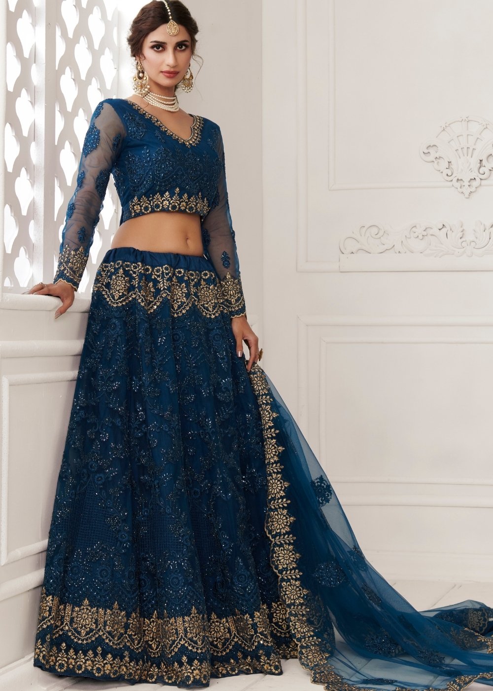 Prussian Blue Soft Net Lehenga Choli with Cording, Stonework, Thread & Zari Embroidery