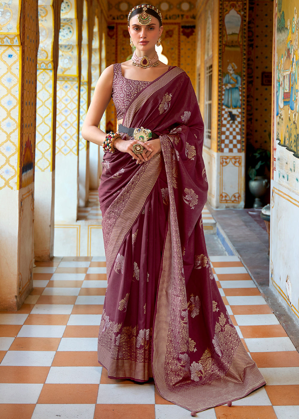 Jam Purple Zari Woven Banarasi Silk Saree