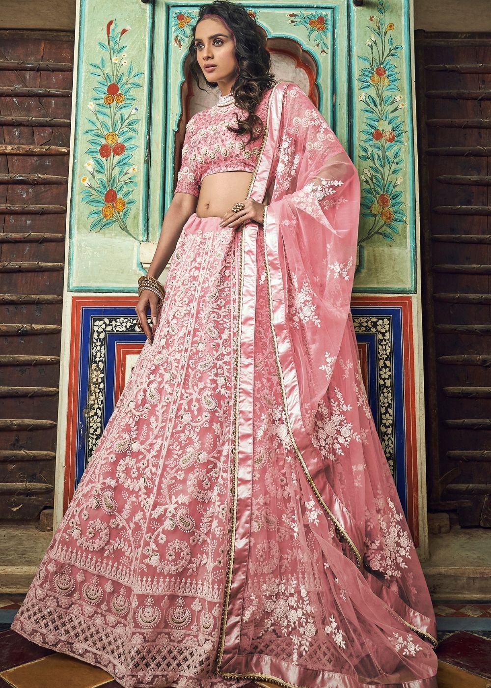 Crepe Pink Soft Net Lehenga Choli with Thread & Pearl work