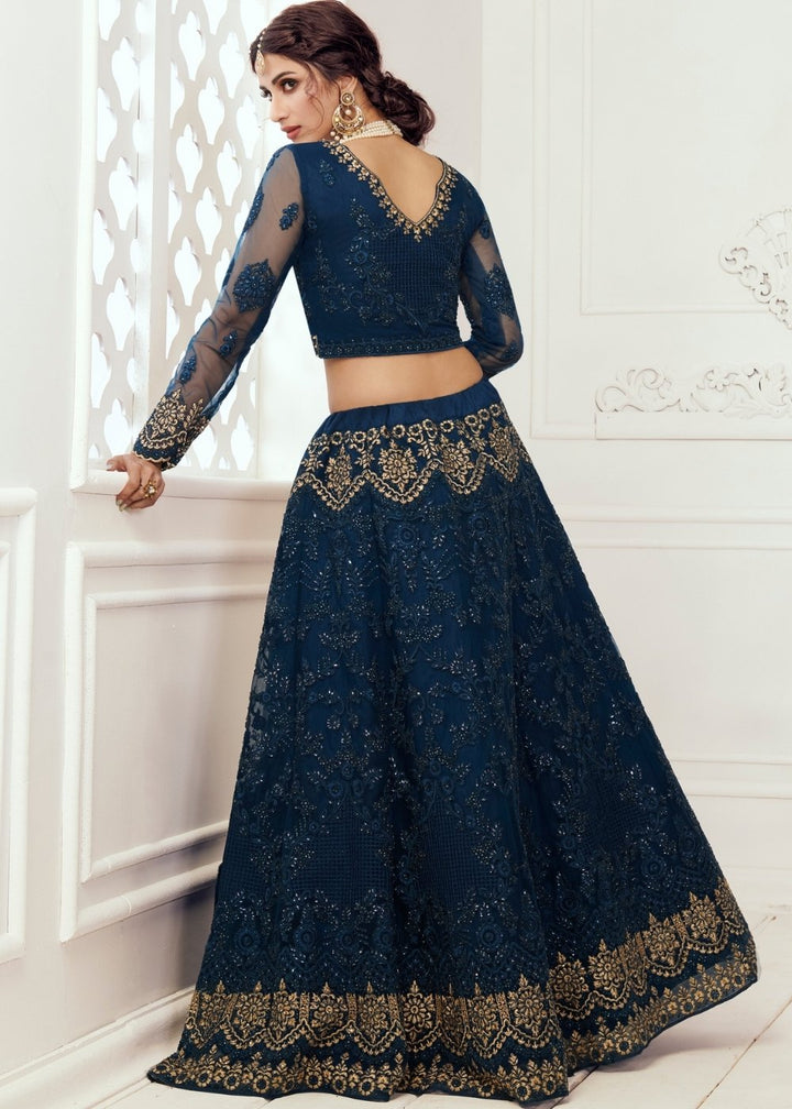 Prussian Blue Soft Net Lehenga Choli with Cording, Stonework, Thread & Zari Embroidery