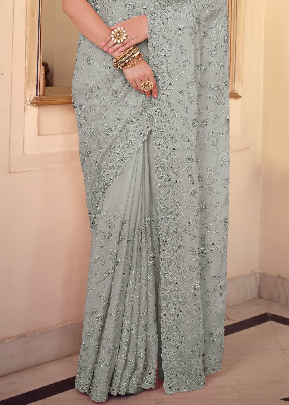 Koala Grey Designer Chiffon Saree with Dori & Sequins work